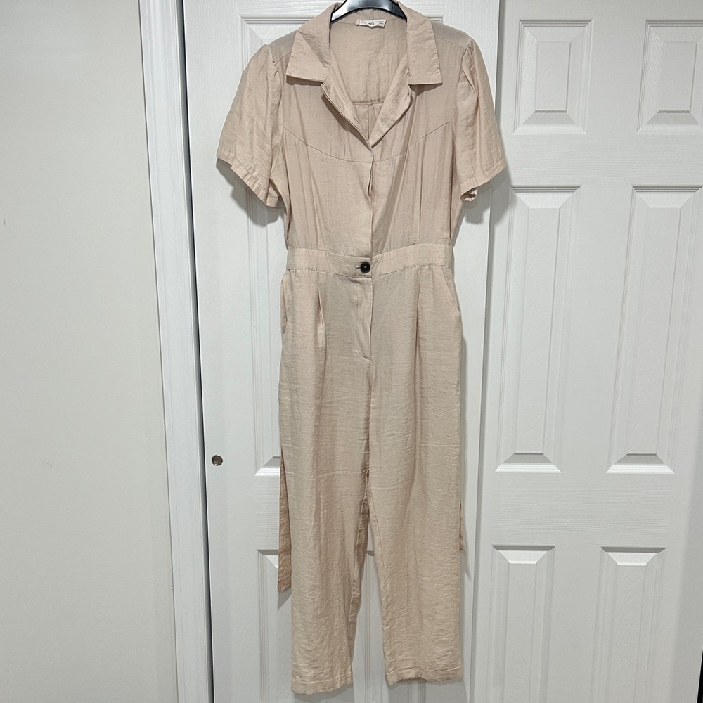 Beige Short-Sleeve Utility Jumpsuit